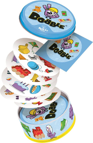 Dobble game set with colorful card tiles and blue lid on a white background