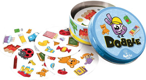 Dobble game set with colorful cards and tin container on a white background