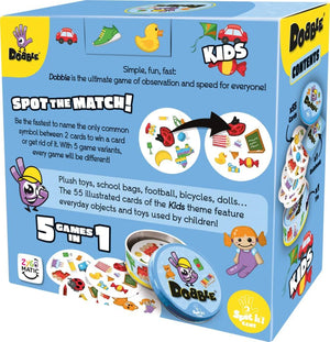 Dobble Kids game box with colorful illustrations and text on a white background