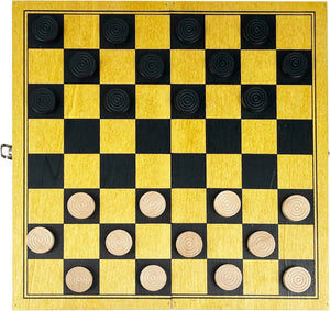 Checkers board with pieces on a yellow and black checkered surface