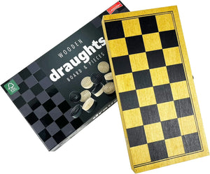 Wooden draughts board and pieces with packaging on a white background