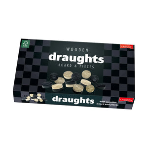 Box of wooden draughts with checkered design on a white background