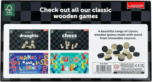 Packaging of Lagoon wooden games including draughts, chess, snakes and ladders, and ludo with a checkered background.