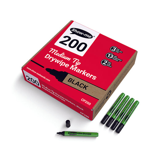 Show-me Drywipe Marker Medium Tip Slim Barrel Black (Pack of 200) CP200