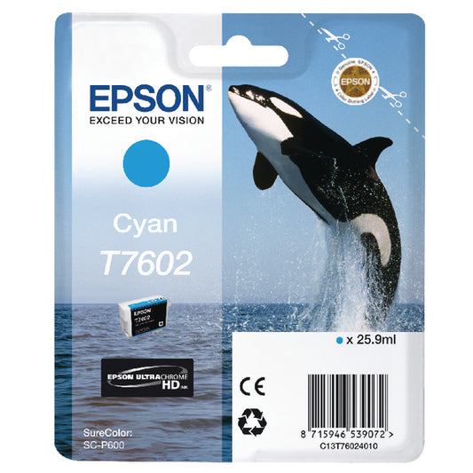 Epson T7602 Ink Cartridge Ultra Chrome HD Killer Whale Cyan C13T76024010