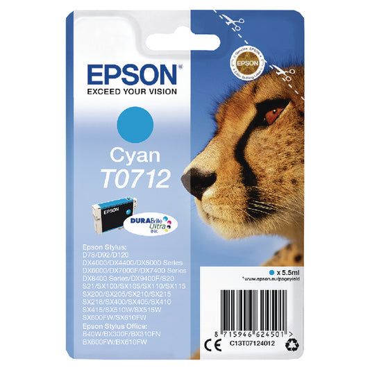 Epson T0712 Ink Cartridge DURABrite Ultra Cheetah Cyan C13T07124012