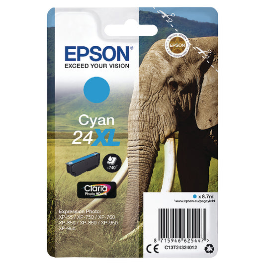 Epson 24XL Ink Cartridge Photo HD Claria Elephant Cyan C13T24324012