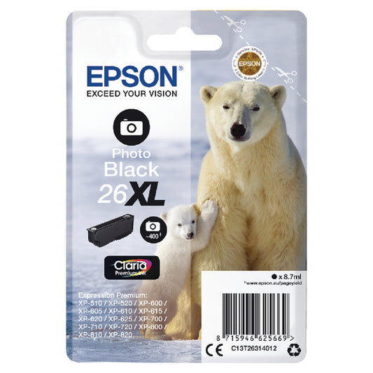 Epson 26XL Ink Cartridge Premium Claria Polar Bear Photo Black C13T26314012