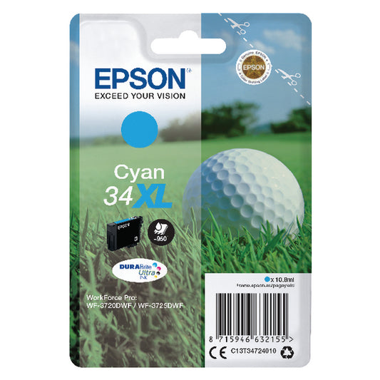Epson 34XL Ink Cartridge DURABrite Ultra High Yield Golf Ball Cyan C13T34724010