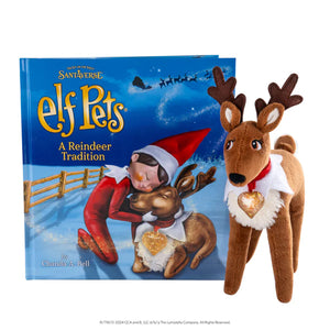 An Elf Pets reindeer stuffed toy and A Reindeer Tradition storybook 