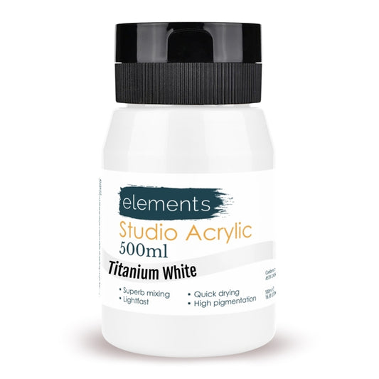 500ml bottle of Studio Acrylic Titanium White paint by elements on a white background