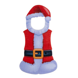Red and blue Santa Claus costume with a belt buckle on a white background