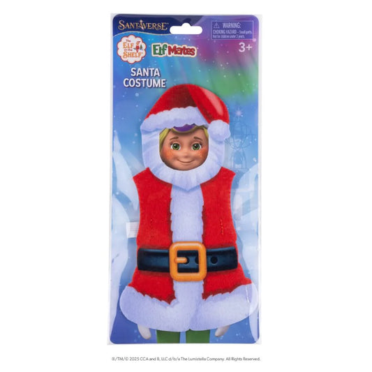 Elf on the Shelf Santa costume packaging with a child's face on a white background