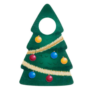 Green Christmas tree outfit for an Elf on the Shelf with colorful bulbs on a white background