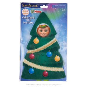 Christmas tree costume for a toy figure in packaging with 'Elf on the Shelf' branding.