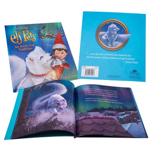 The Elf Pets storybook open on a page with a fox running on a roof underneath an image of the front and back of the book