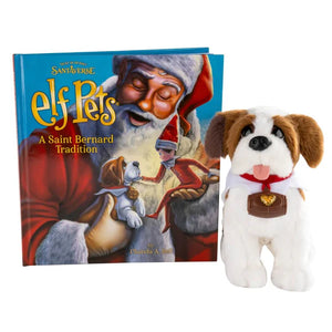 Elf Pets®: A Saint Bernard Tradition Storybook next to a plush Saint Bernard Dog Toy on a white background
