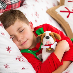 A boy in bed asleep cuddling his Elf Pet Saint Bernard plush toy