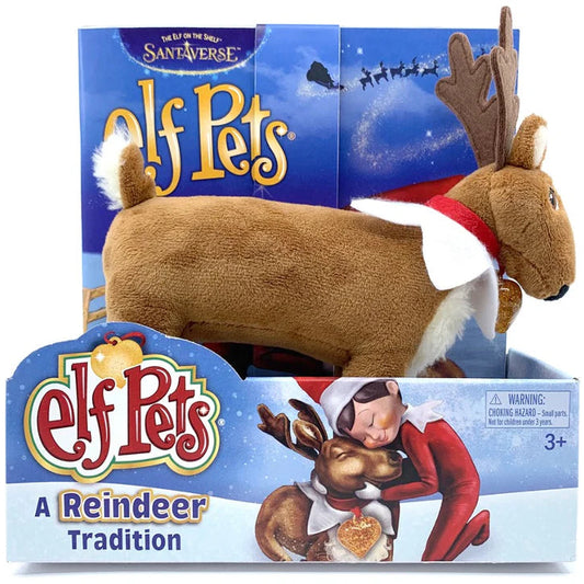 An Elf Pets Set packaging with a reindeer stuffed toy and A Reindeer Tradition storybook 