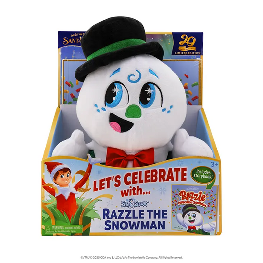 Plush toy of Razzle the Snowman in packaging with text and graphics