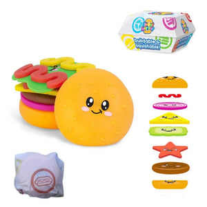 Colorful sensory toy set with a smiley face, including a stackable and squishable design, on a white background.