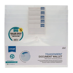 Concept A4 Button Wallets - Clear (Pack of 5)