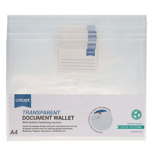 Concept A4 Button Wallets - Clear (Pack of 5)