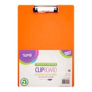 Orange clipboard with a white label on a white background