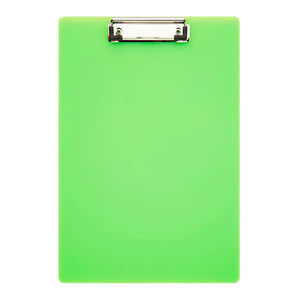 Green clipboard with a silver clip on a white background