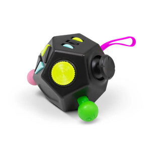 Fidget cube with colorful buttons on a white background