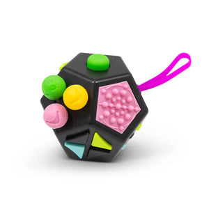 Colorful fidget cube with textured sides on a white background