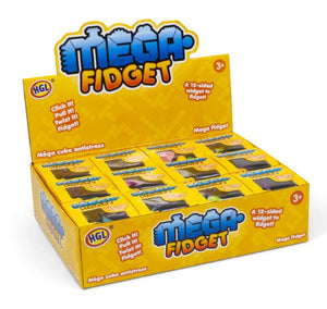 Box of Mega Fidget toys with yellow and blue design