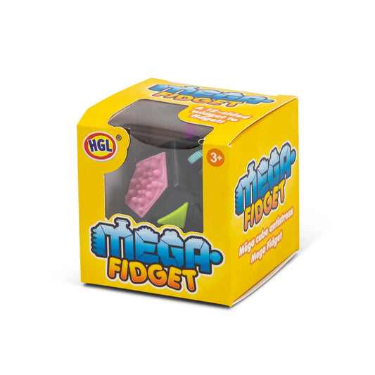 Yellow box of a Mega Fidget toy with colorful components inside, on a white background.