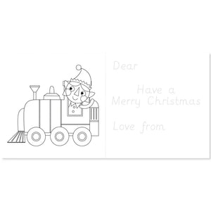 Black and white illustration of a train with an elf on top next to a traceable Christmas card message.