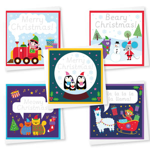 Set of colorful handwriting practice Christmas cards with various designs on a white background.