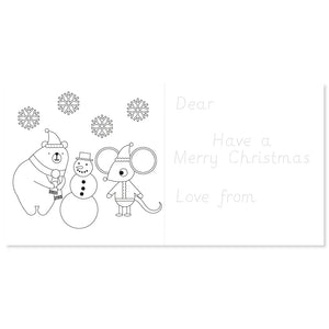 Black and white traceable Christmas card with cartoon bear, mouse, and snowman on a white background.