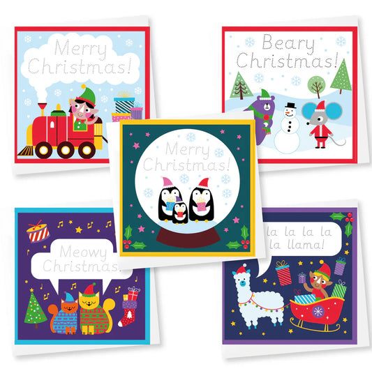 Set of colorful handwriting practice Christmas cards with various designs on a white background.