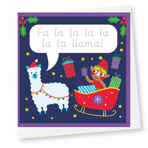Christmas-themed card with a llama and elf in a sleigh, surrounded by presents and holly leaves.
