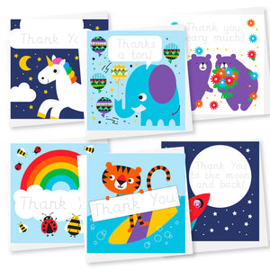 Set of colorful traceable children's thank you cards with various animals and designs.