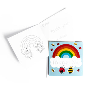Children's traceable greeting card with a rainbow and ladybug design on a white background