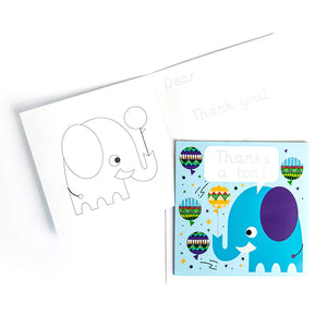 Children's traceable greeting card with an elephant design and a completed card with balloons and text.
