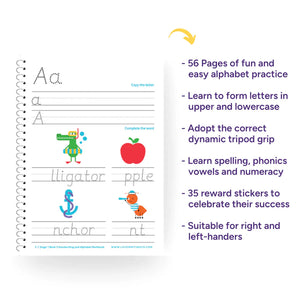 Children's alphabet practice book with letters and illustrations on a white background