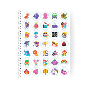 Spiral-bound handwriting activity book with colorful cartoon stickers on a white background