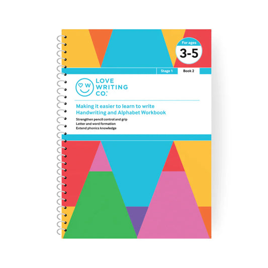Colorful handwriting workbook with geometric shapes on a white background