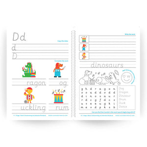 Handwriting worksheet for children with letters, words, and illustrations on a white background