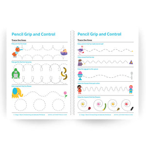 Handwriting worksheet for pencil grip and control with colorful graphics on a white background.