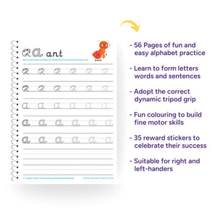 Handwriting Workbook with letter practice pages and promotional text on a white background