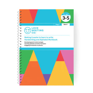 Colorful workbook with geometric design and 'Love Writing Co.' branding on a white background