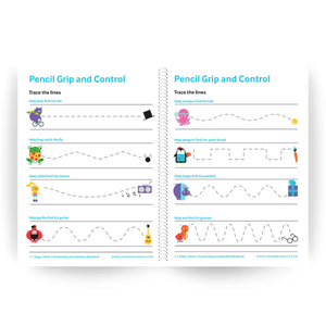 Handwriting worksheet for pencil grip and control with cartoon characters and lines to trace.