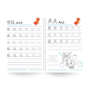 Handwriting Workbook page with letter 'A' tracing exercise and cartoon ant illustration on a white background.